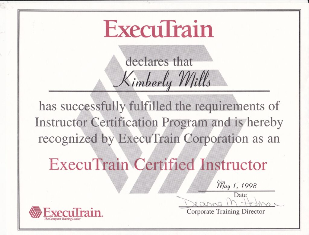 Executrain Trainer Certificate (May 1998)